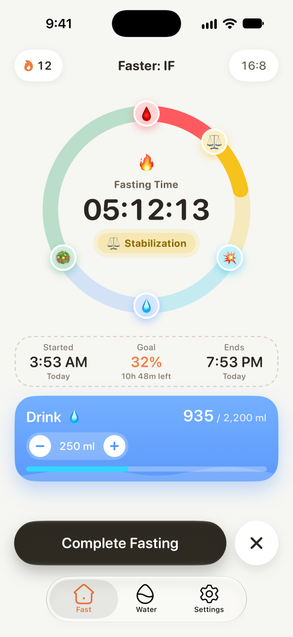 Faster fasting timer: a ring of fasting phases with 05:12:13 elapsed, currently in Stabilization