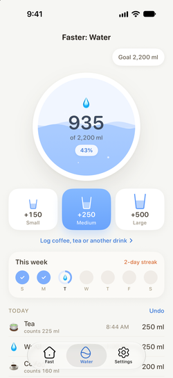 Water tracker with a daily goal and one-tap logging